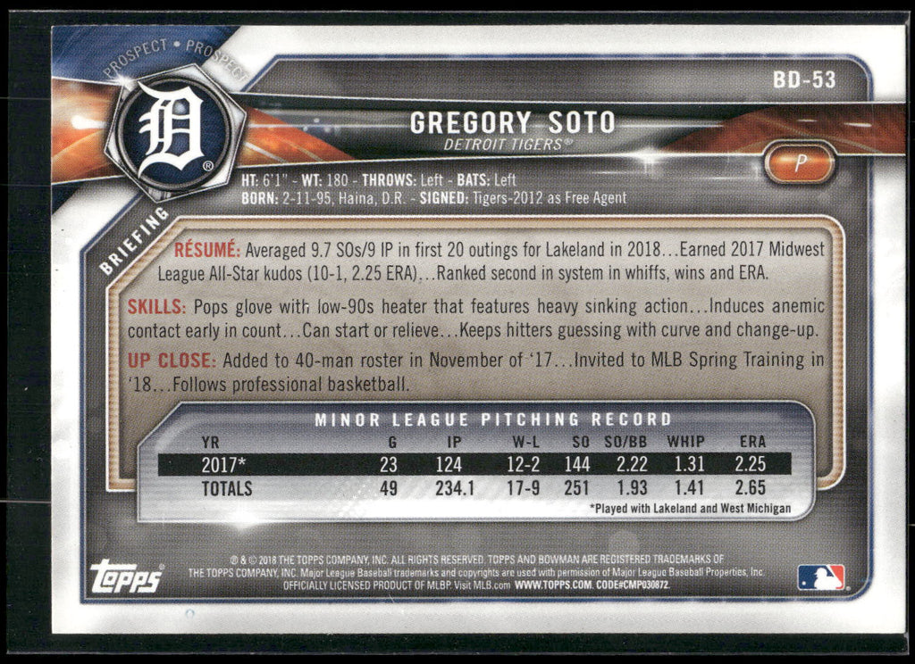 2018 Bowman Draft #BD-53 Gregory Soto
