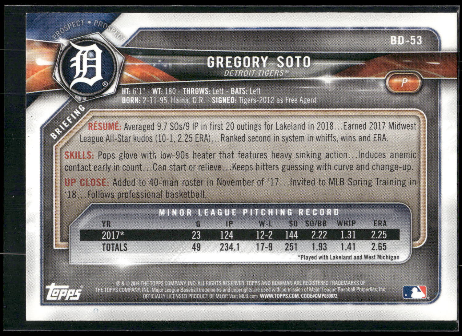 2018 Bowman Draft #BD-53 Gregory Soto