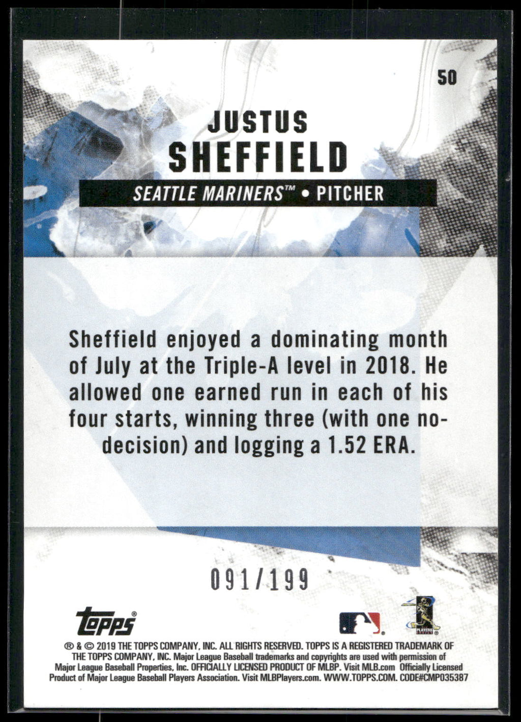 2019 Topps Fire #50 Justus Sheffield Green #/199