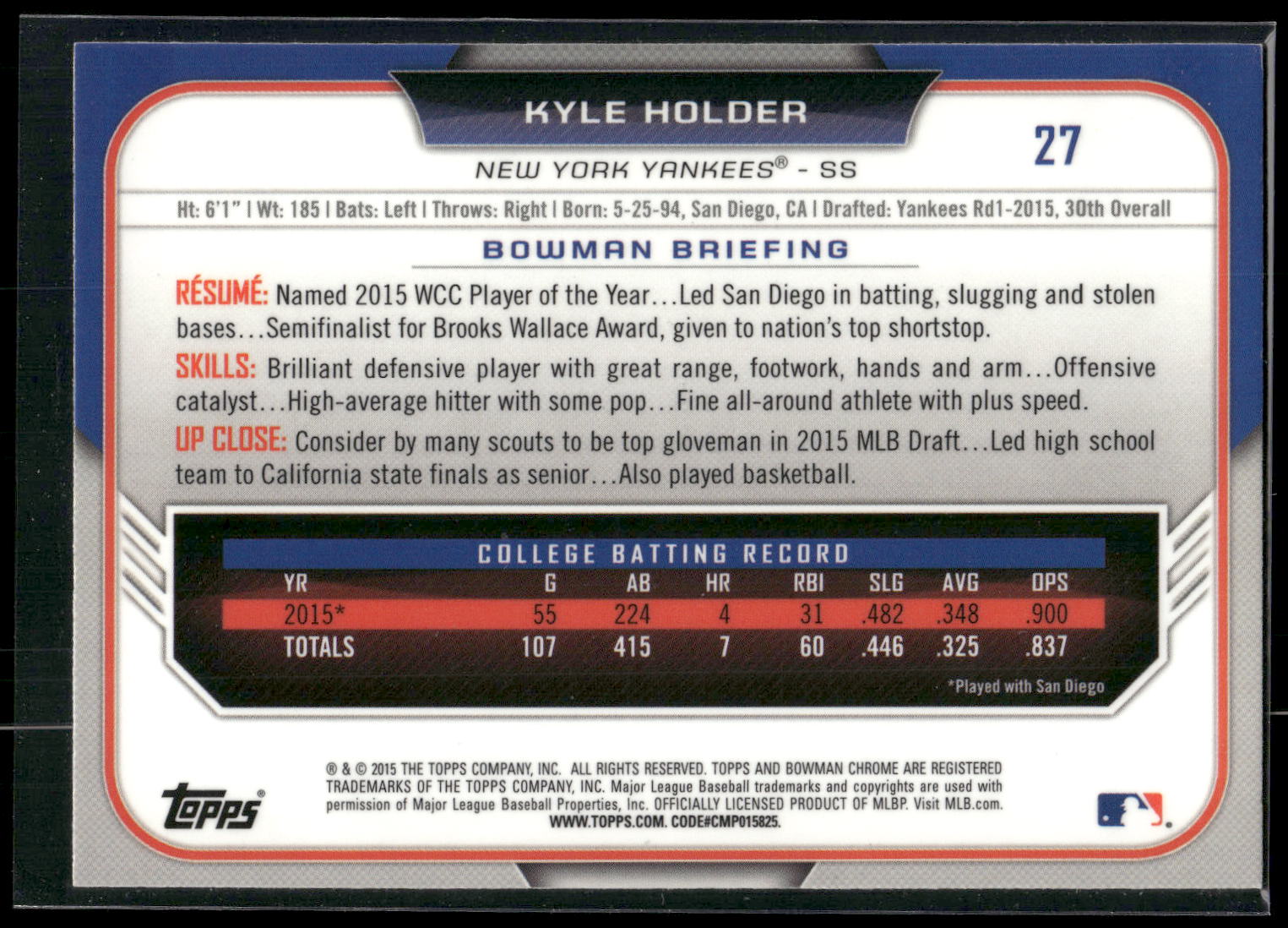2015 Bowman Draft #27 Kyle Holder Chrome