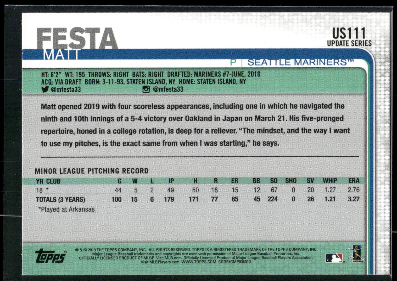 2019 Topps Update #US111 Matt Festa