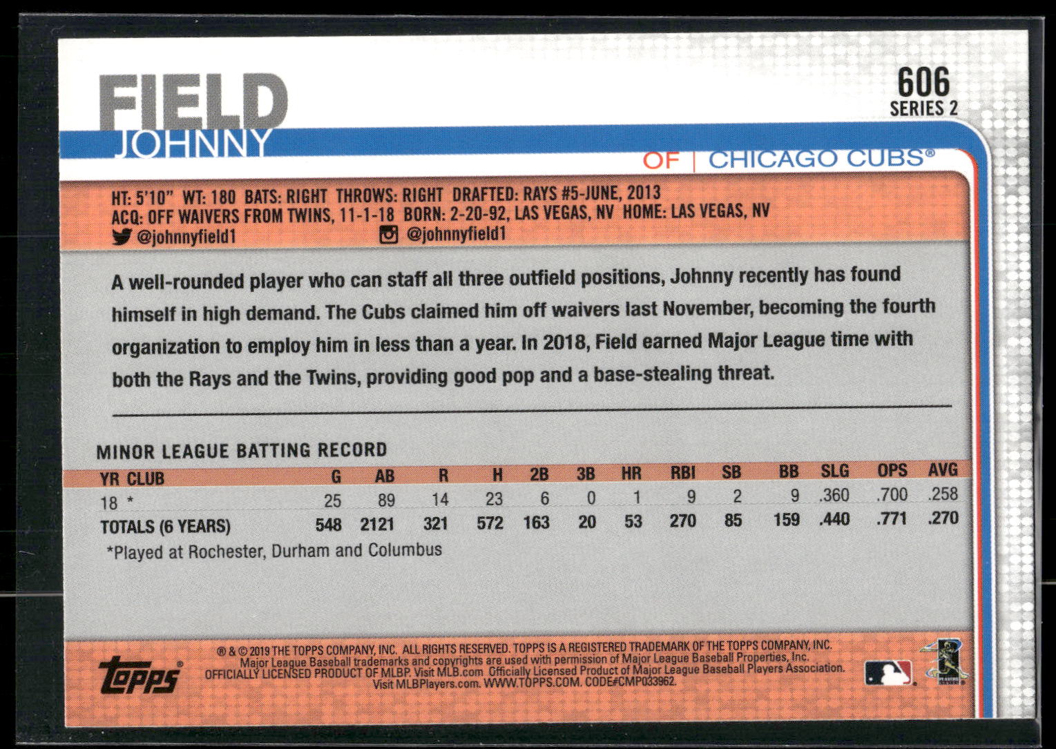 2019 Topps #606 Johnny Field