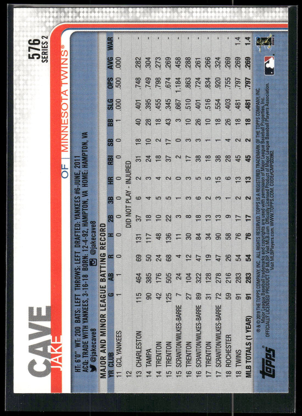 2019 Topps #576 Jake Cave