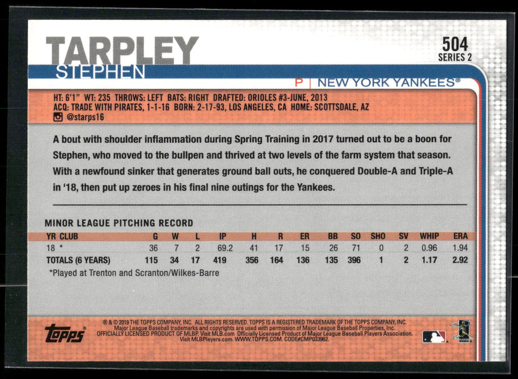 2019 Topps #504 Stephen Tarpley