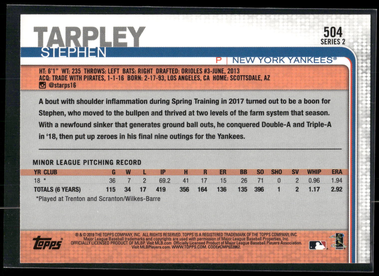 2019 Topps #504 Stephen Tarpley