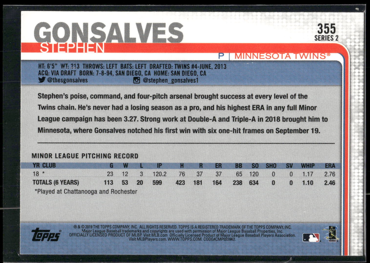 2019 Topps #355 Stephen Gonsalves