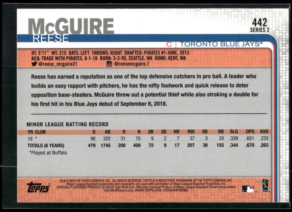 2019 Topps #442 Reese McGuire
