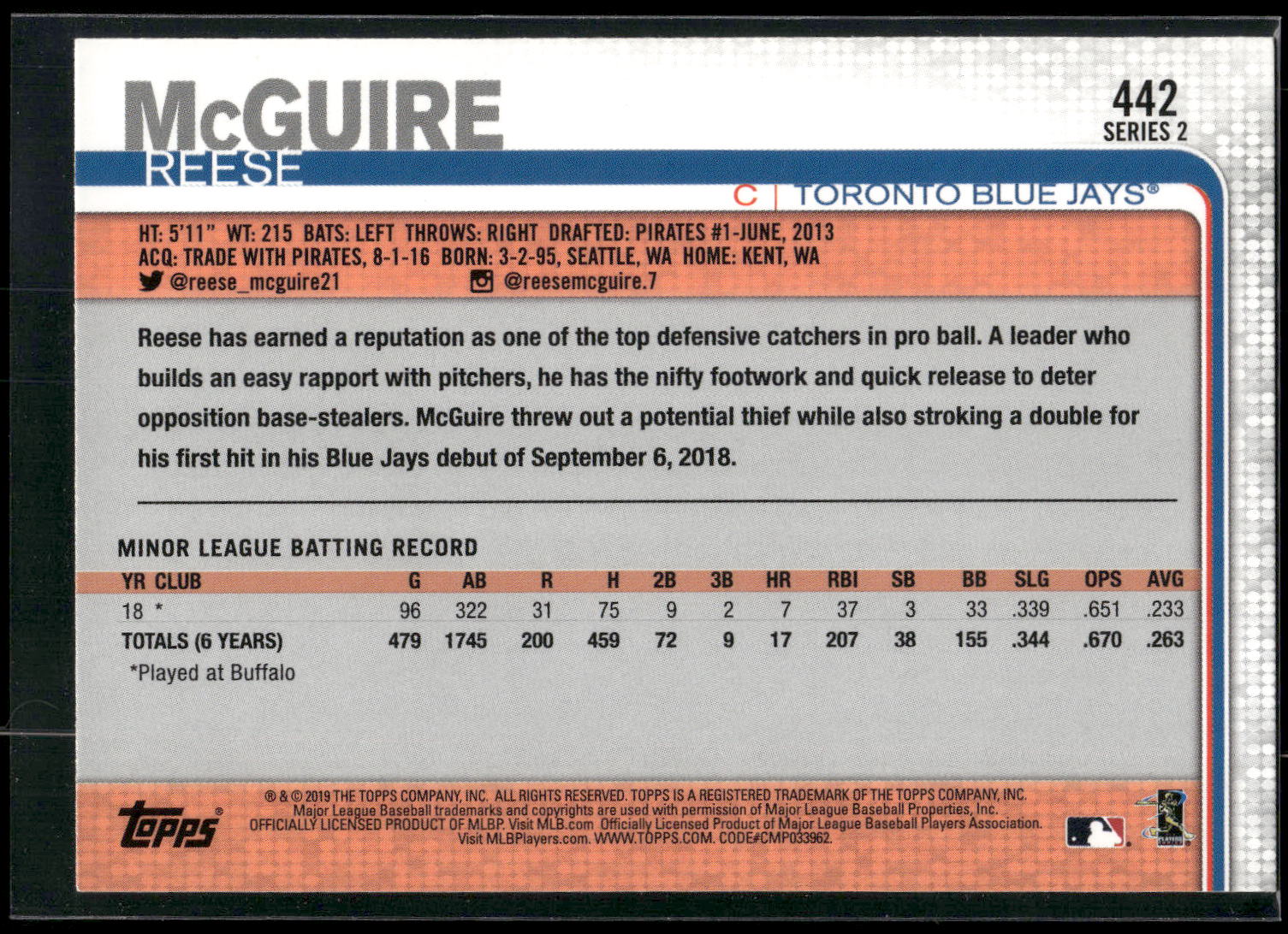 2019 Topps #442 Reese McGuire
