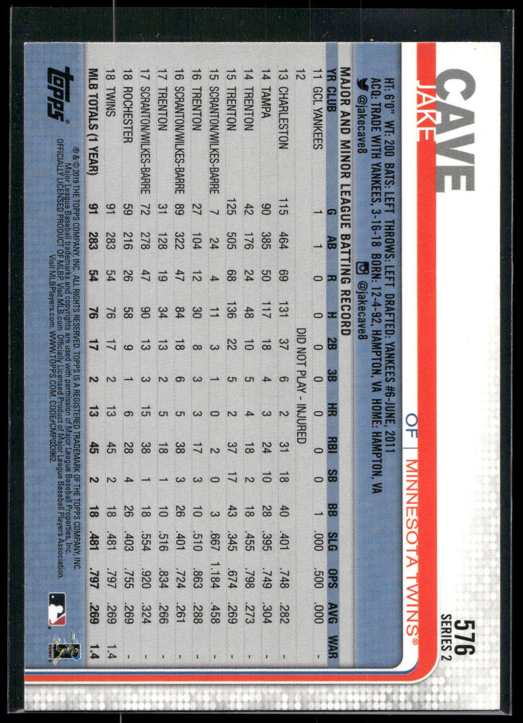 2019 Topps #576 Jake Cave