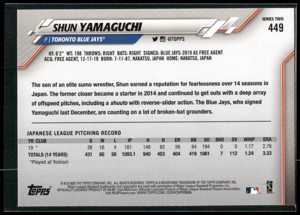 2020 Topps #449 Shun Yamaguchi