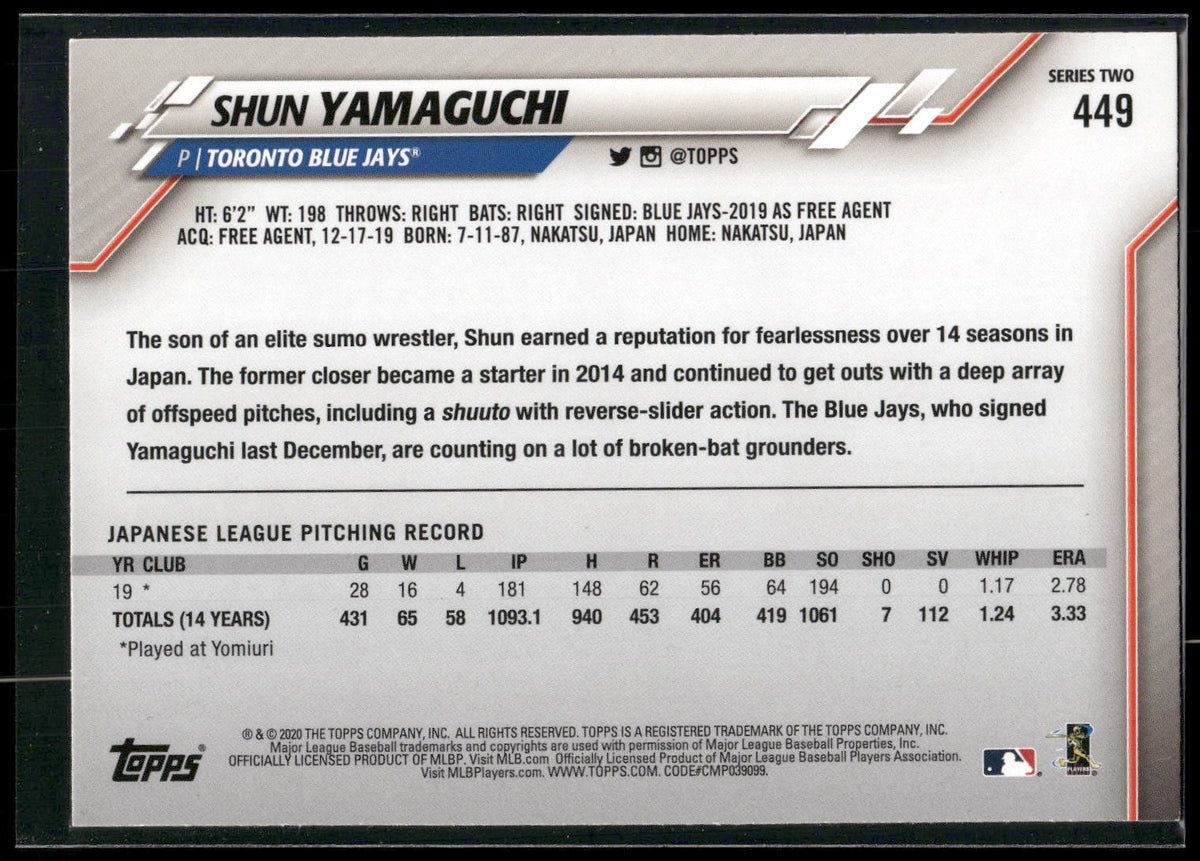 2020 Topps #449 Shun Yamaguchi