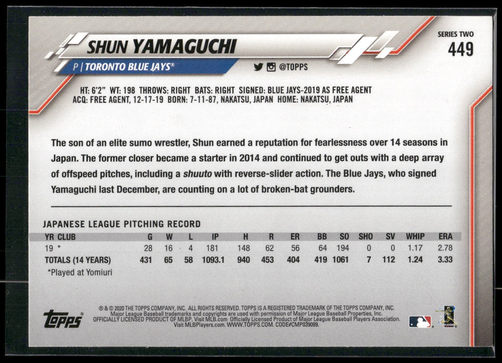 2020 Topps #449 Shun Yamaguchi