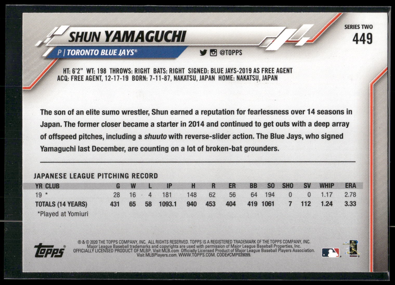 2020 Topps #449 Shun Yamaguchi