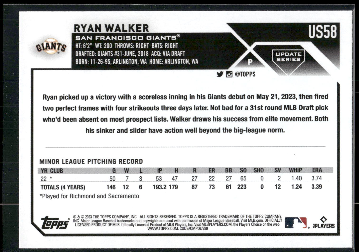 2023 Topps Update #US58 Ryan Walker