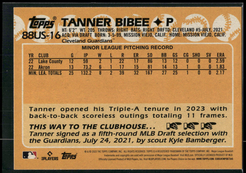 2023 Topps Update #88US-16 Tanner Bibee 1988 Topps Baseball 35th Anniversary