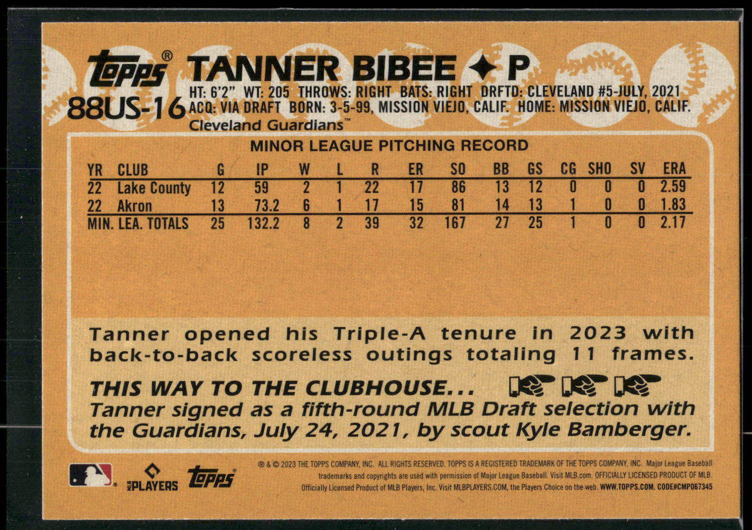 2023 Topps Update #88US-16 Tanner Bibee 1988 Topps Baseball 35th Anniversary