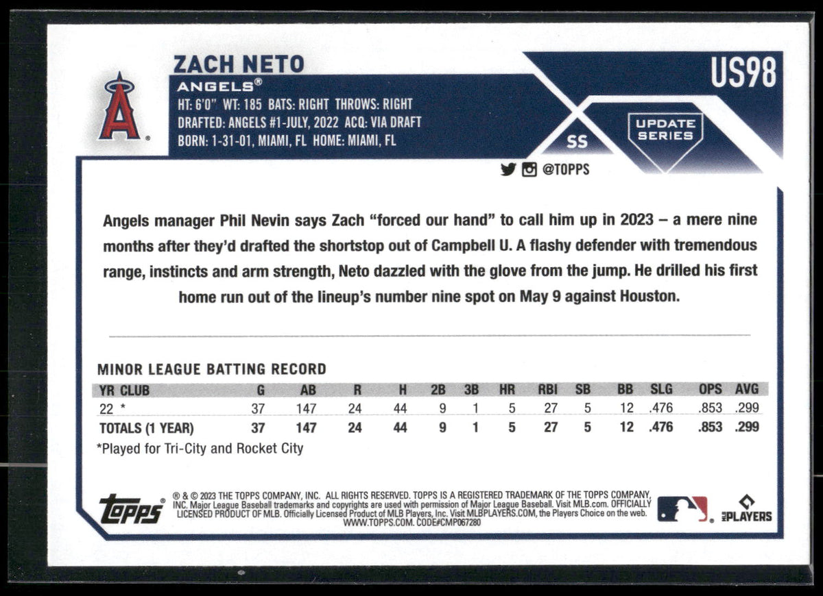 2023 Topps Update #US98 Zach Neto
