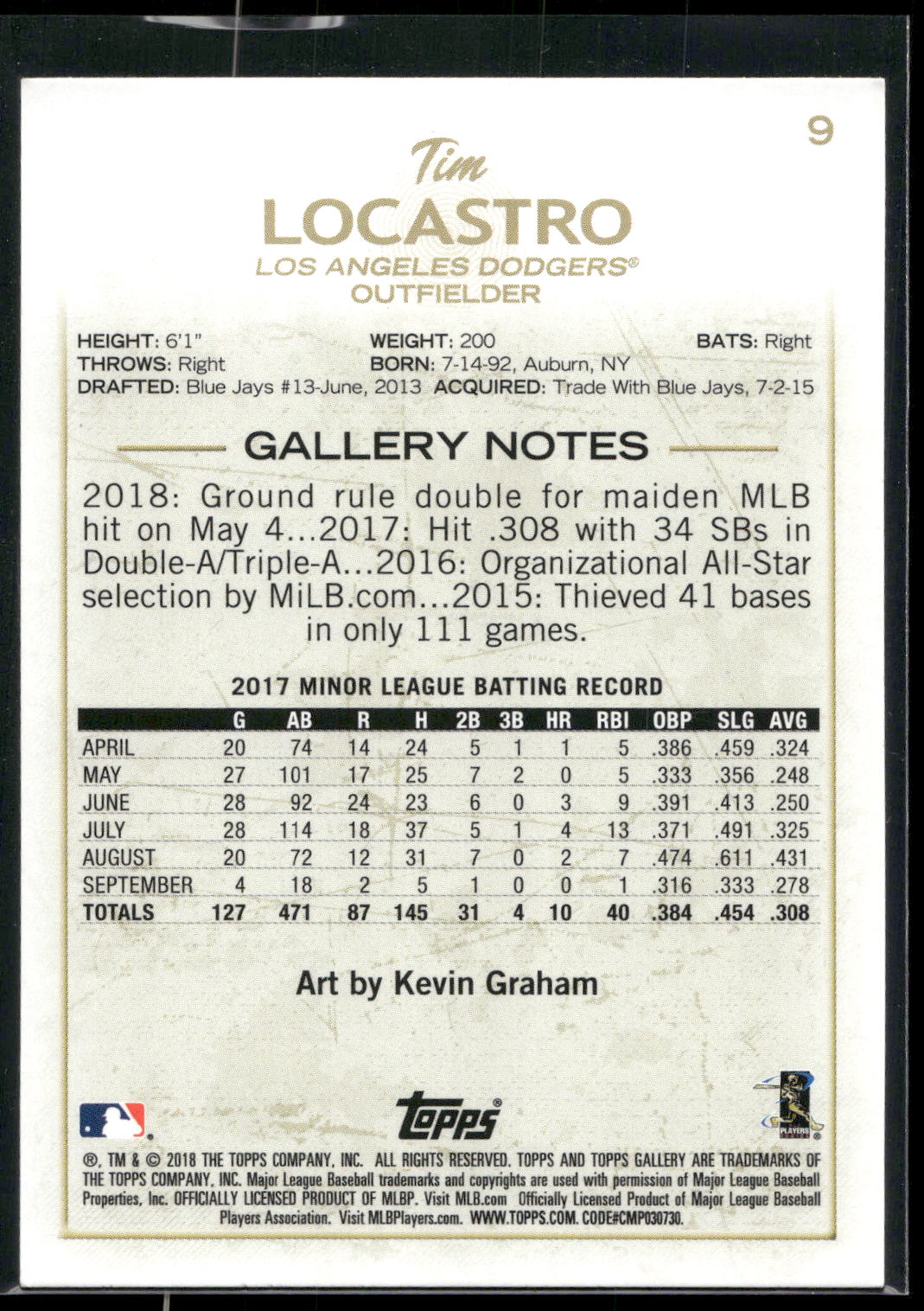 2018 Topps Gallery #9 Tim Locastro