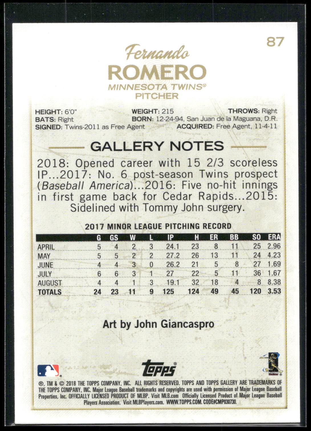2018 Topps Gallery #87 Fernando Romero