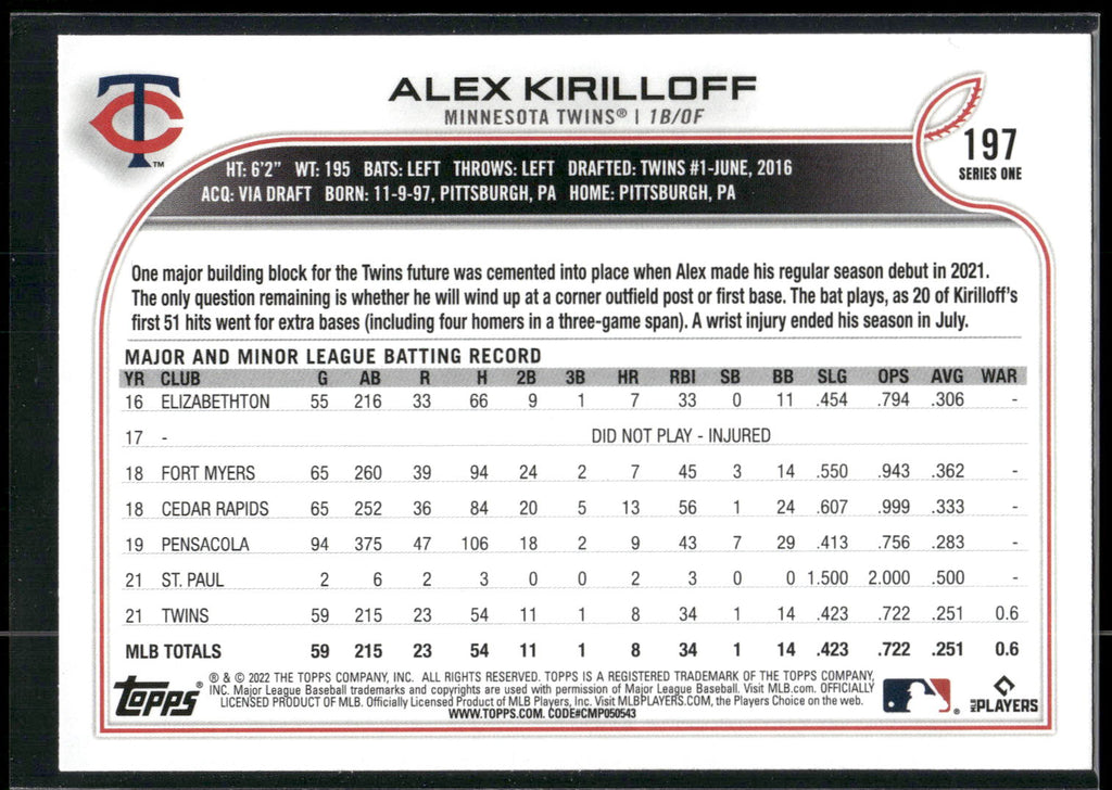 2022 Topps #197 Alex Kirilloff