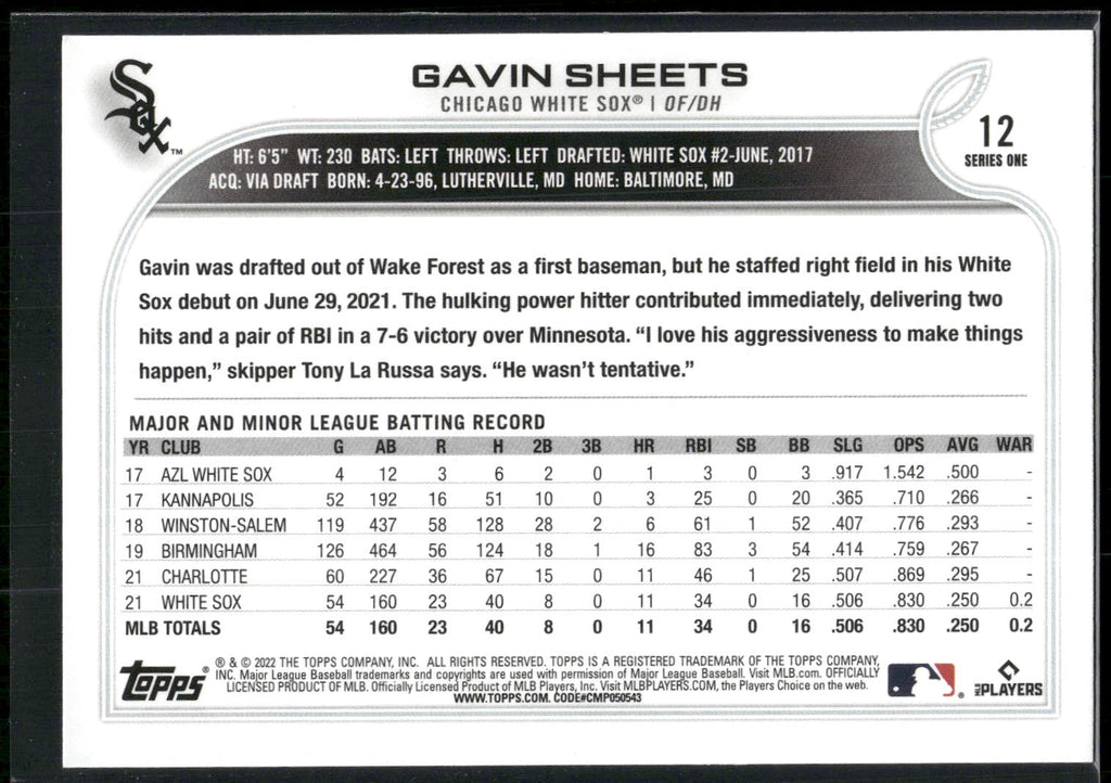 2022 Topps #12 Gavin Sheets