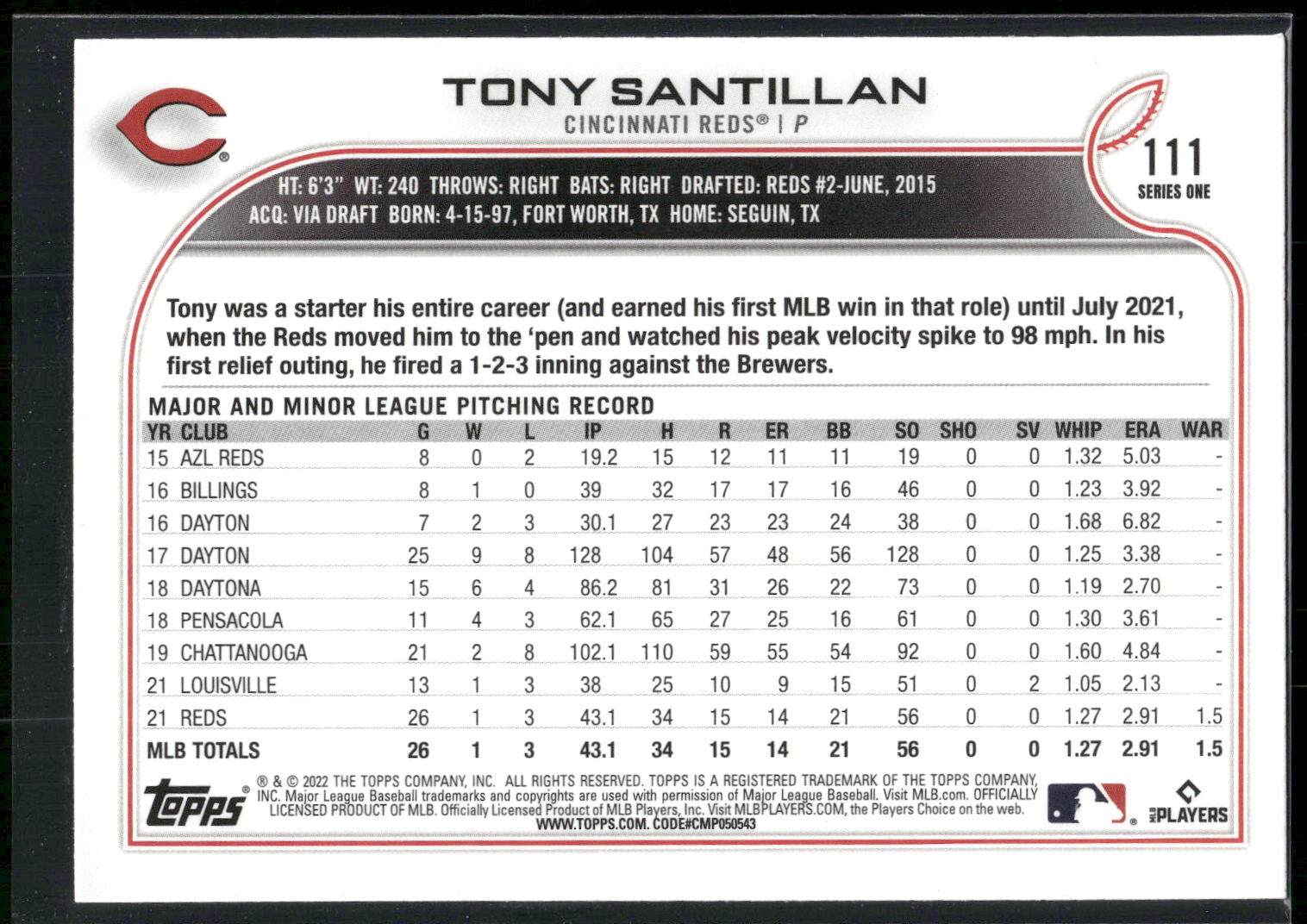 2022 Topps #111 Tony Santillan