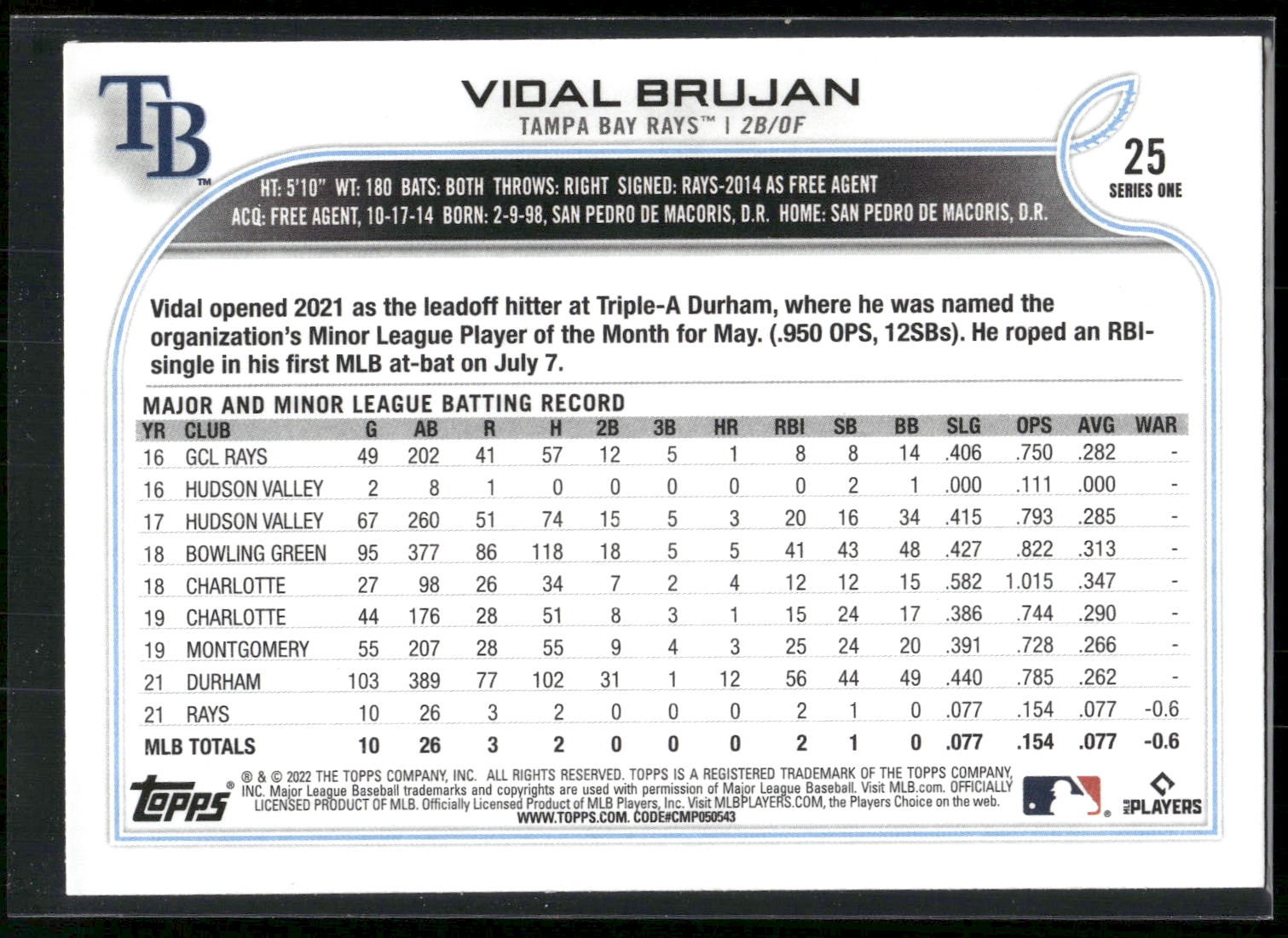 2022 Topps #25 Vidal Brujan