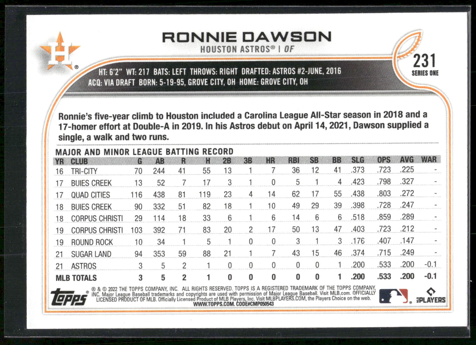 2022 Topps #231 Ronnie Dawson
