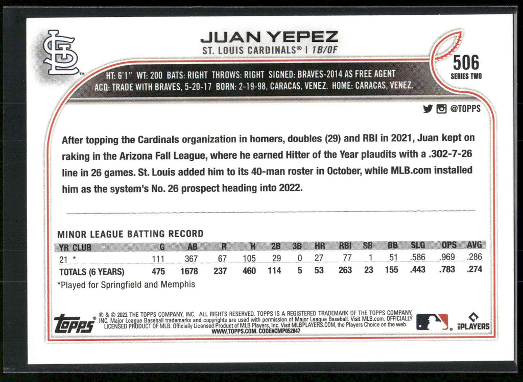 2022 Topps #506 Juan Yepez