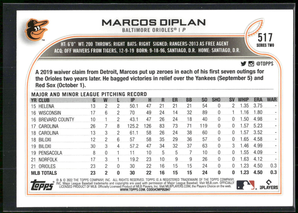 2022 Topps #517b Marcos Diplan