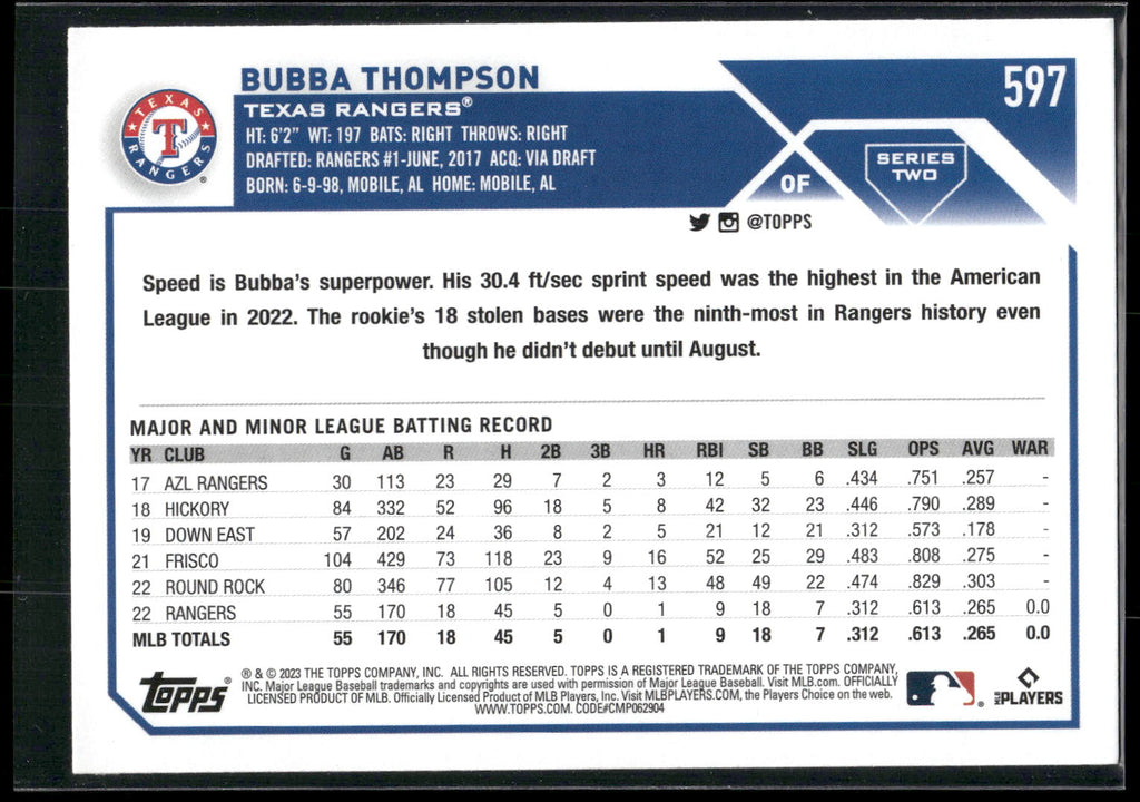 2023 Topps #597 Bubba Thompson