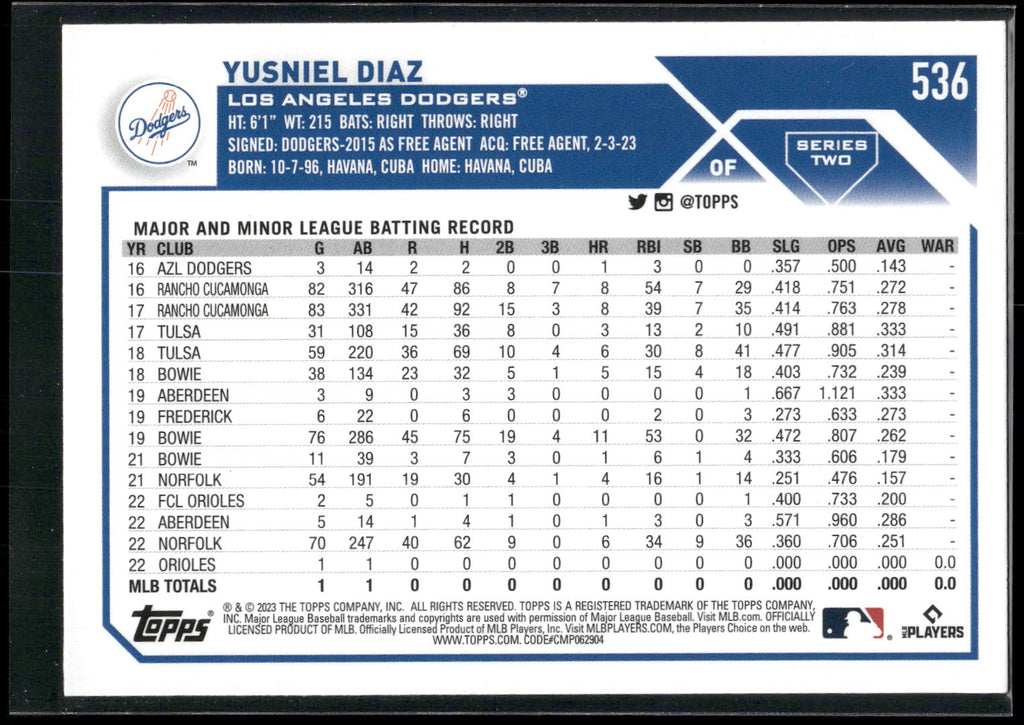 2023 Topps #536 Yusniel Diaz