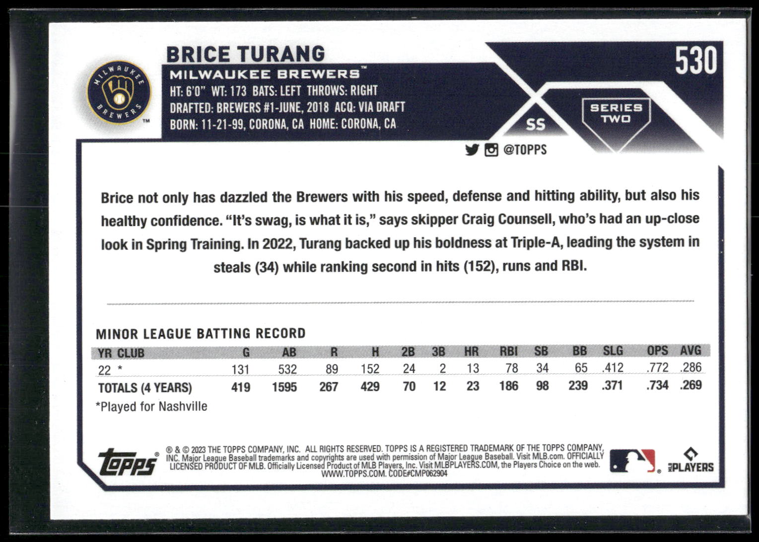 2023 Topps #530 Brice Turang