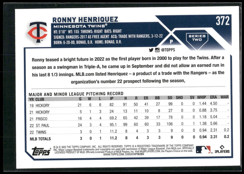 2023 Topps #372 Ronny Henriquez