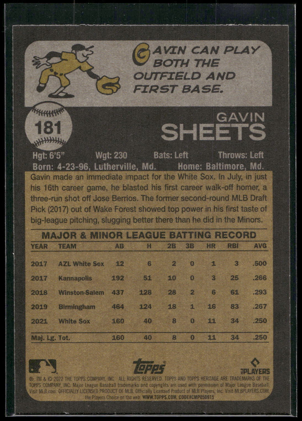 2022 Topps Heritage #181 Gavin Sheets