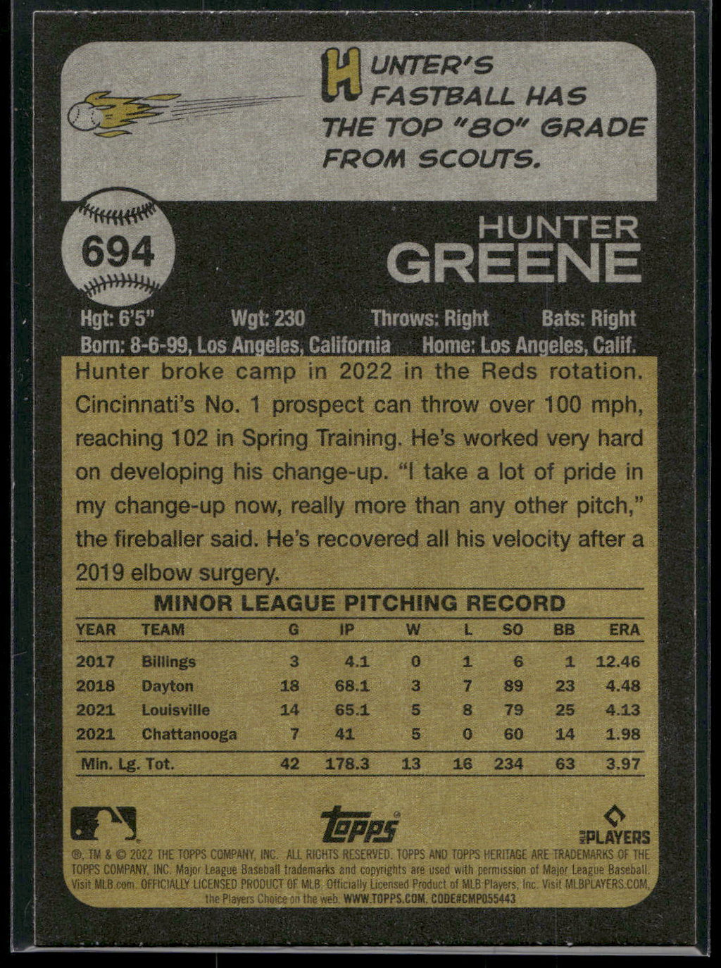 2022 Topps Heritage #694 Hunter Greene