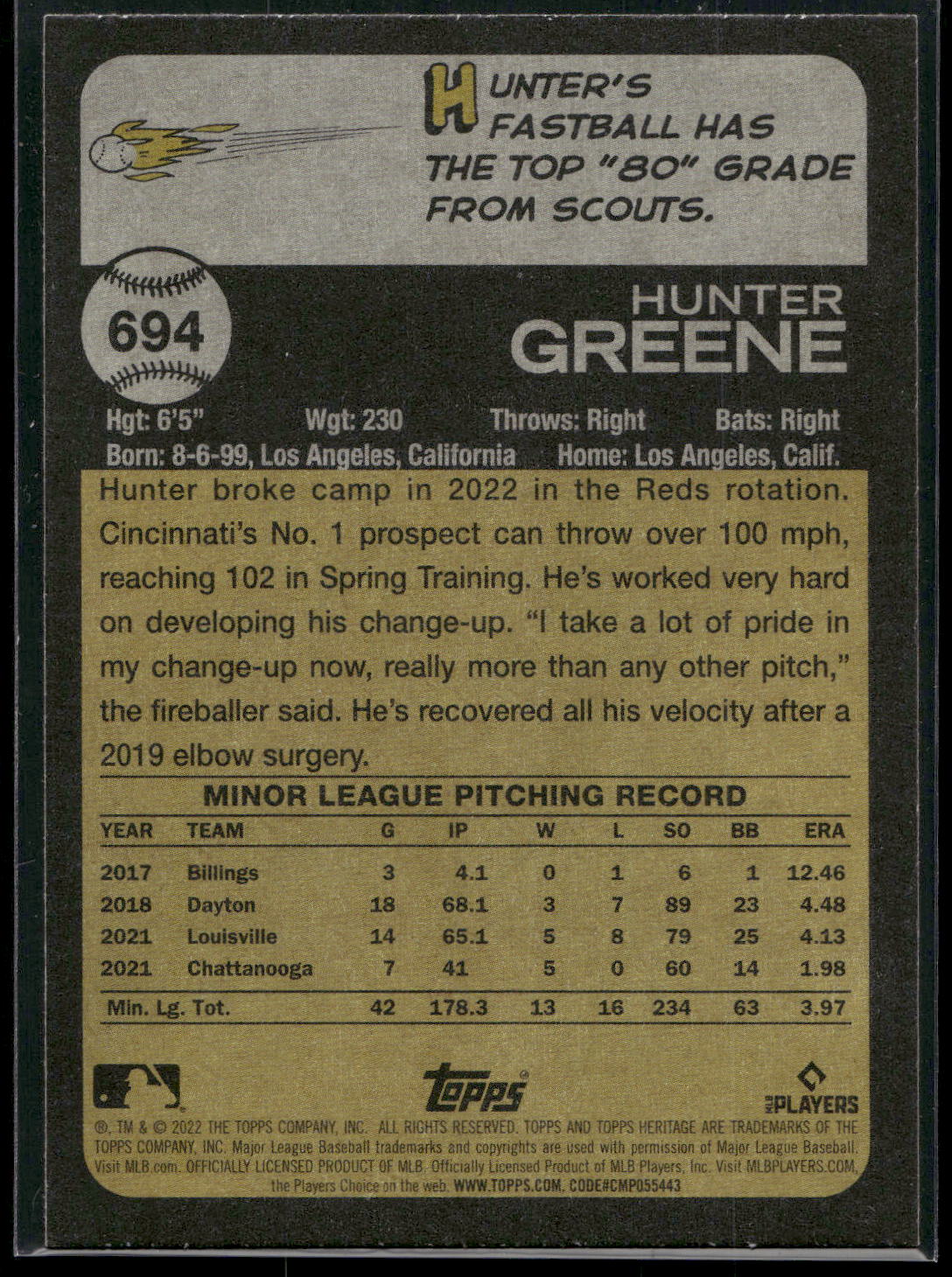 2022 Topps Heritage #694 Hunter Greene