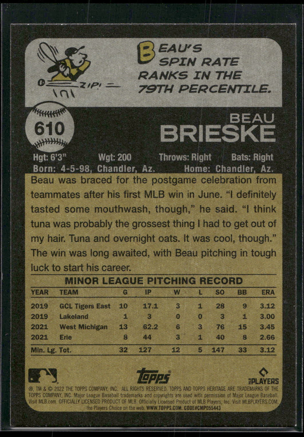 2022 Topps Heritage #610 Beau Brieske