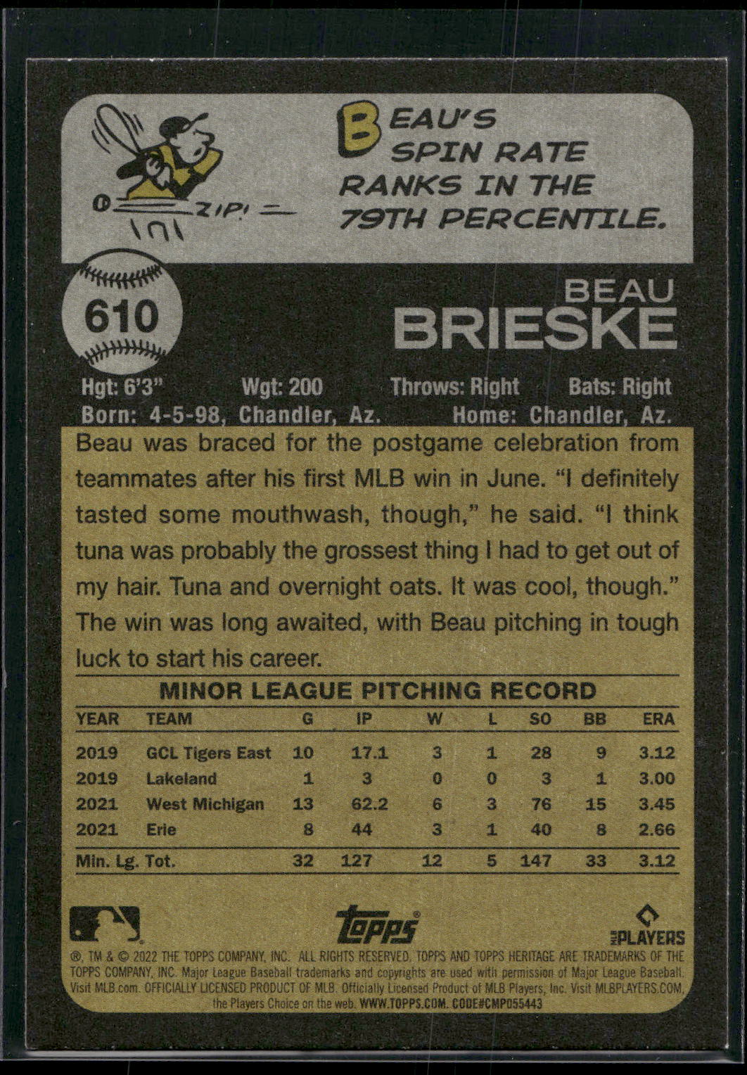 2022 Topps Heritage #610 Beau Brieske
