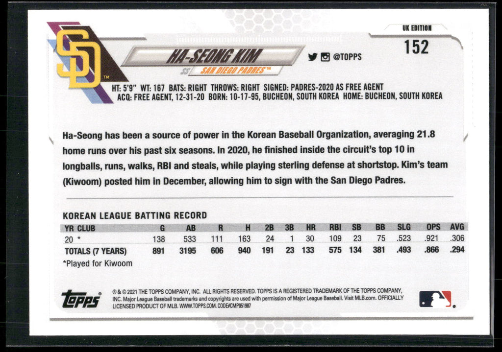 2021 Topps UK Edition #152 Ha-Seong Kim
