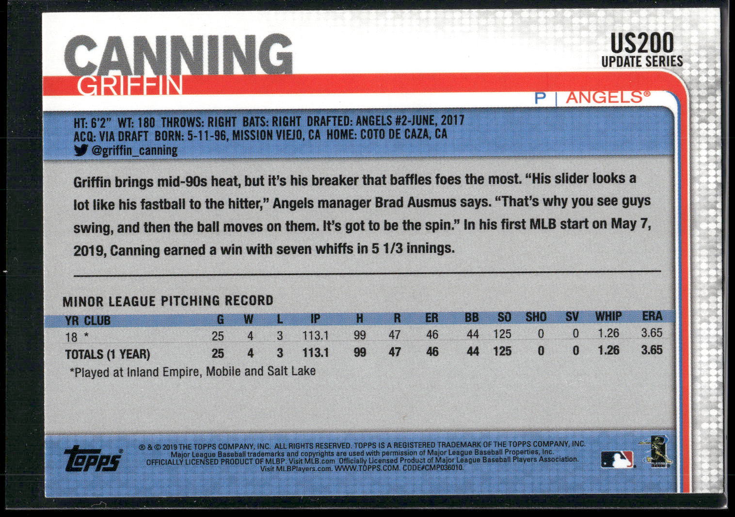 2019 Topps Update #US200 Griffin Canning