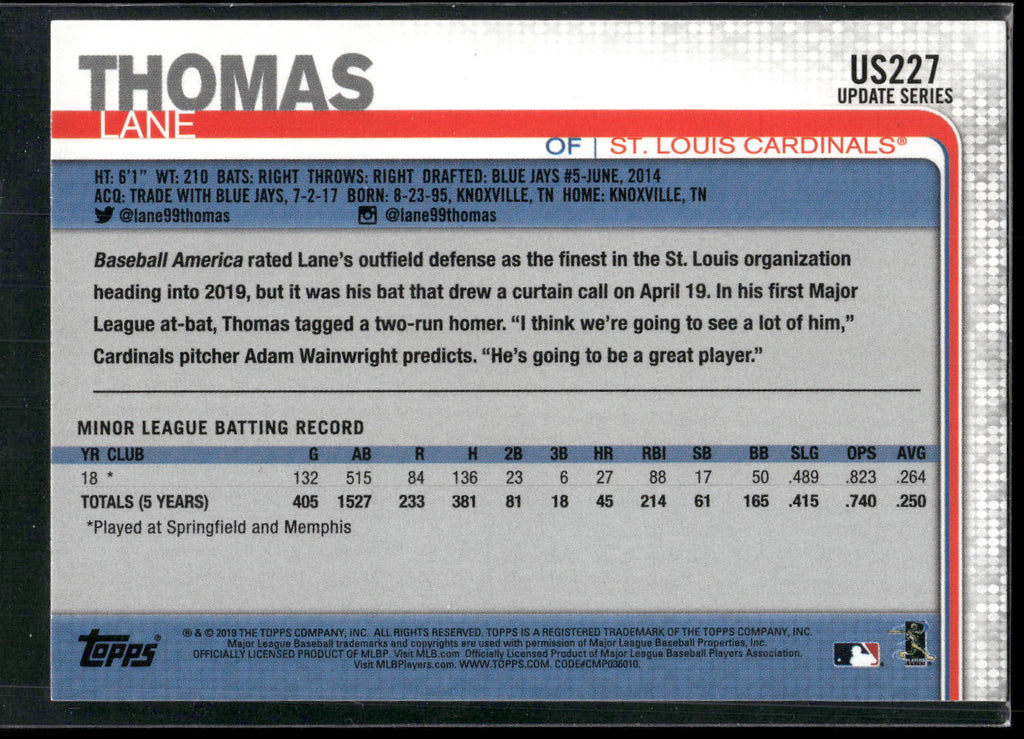 2019 Topps Update #US227 Lane Thomas