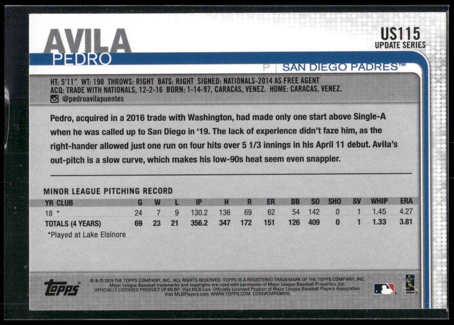 2019 Topps Update #US115 Pedro Avila