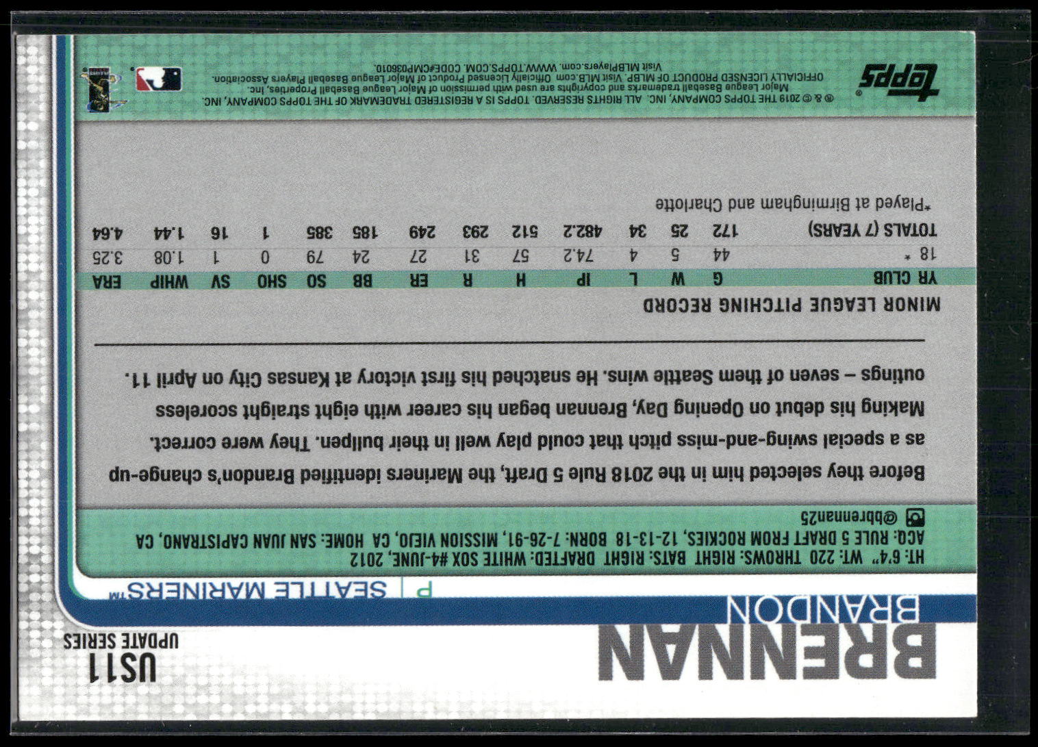 2019 Topps Update #US11 Brandon Brennan