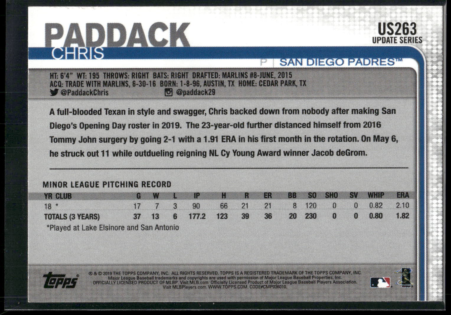 2019 Topps Update #US263 Chris Paddack