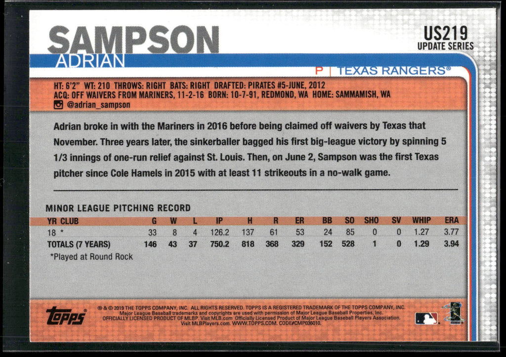 2019 Topps Update #US219 Adrian Sampson