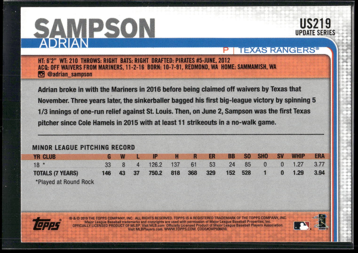 2019 Topps Update #US219 Adrian Sampson