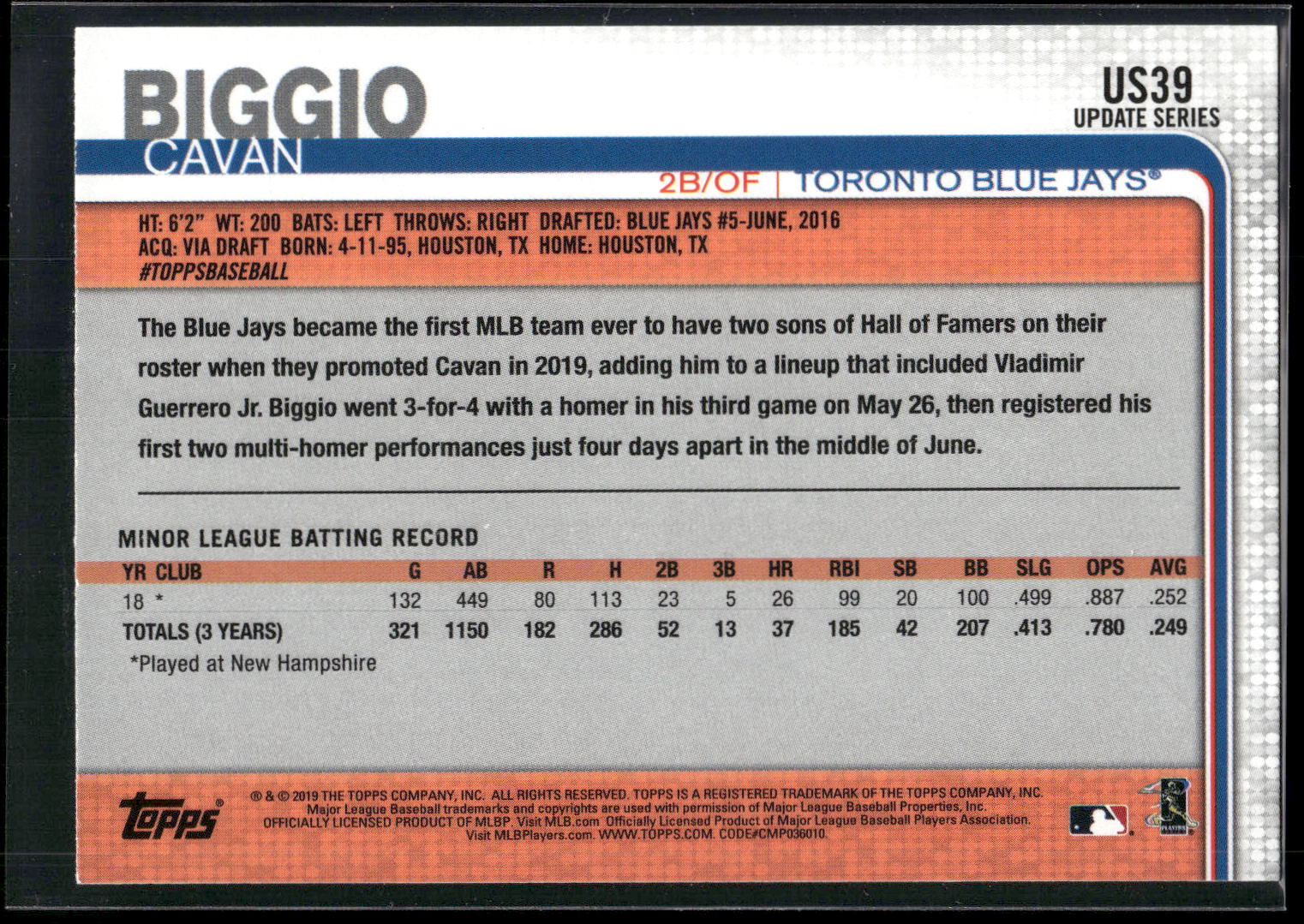 2019 Topps Update #US39 Cavan Biggio