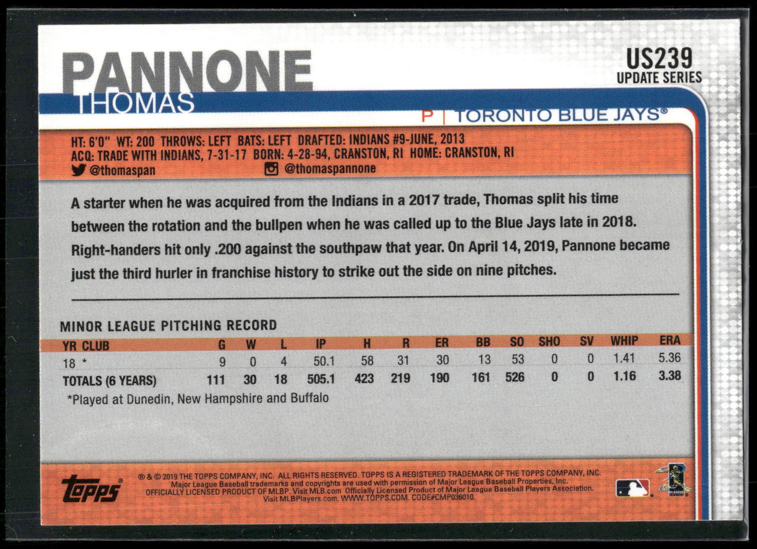 2019 Topps Update #US239 Thomas Pannone