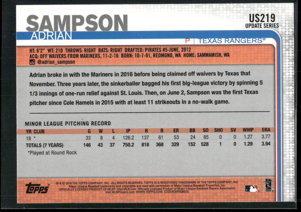2019 Topps Update #US219 Adrian Sampson